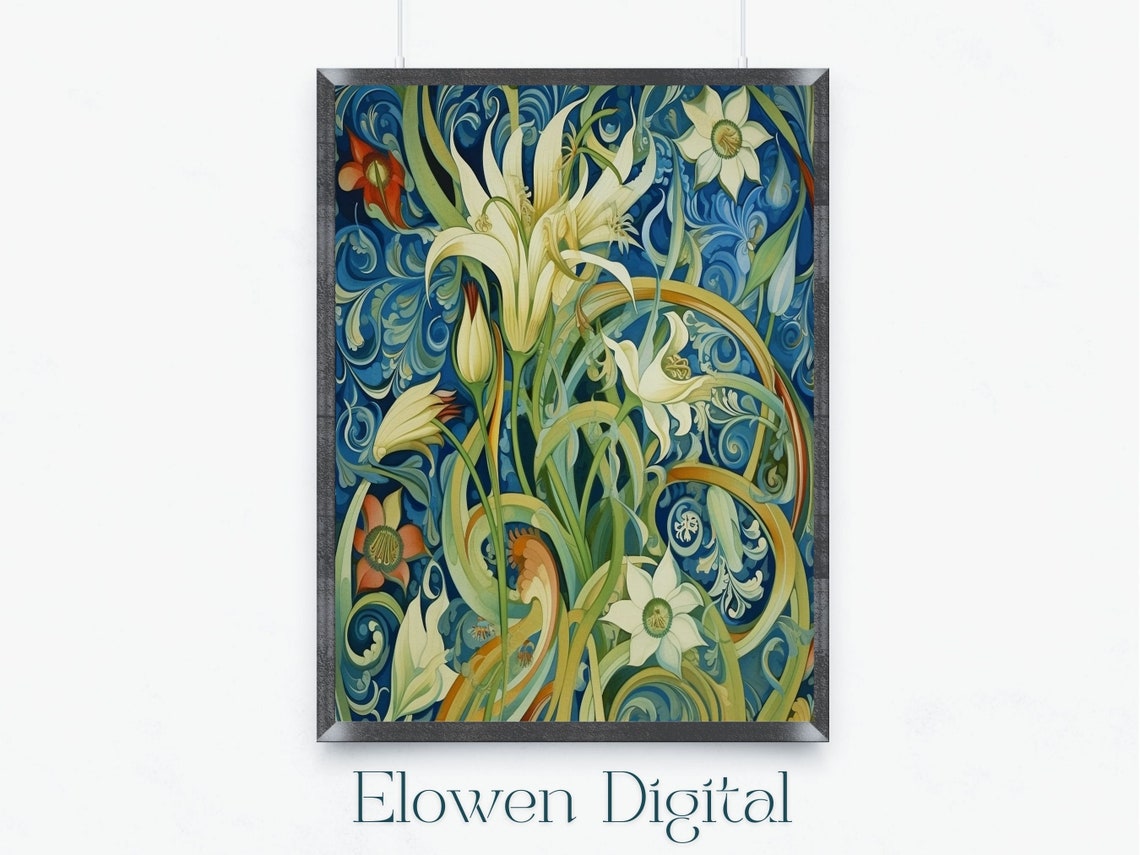 Surreal Spring Lilies in Deep Blue Swirling Tendrils Botanical Poster