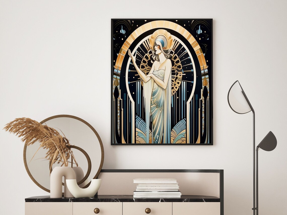 Erté-Inspired Woman in Gold Headdress Before Radiant Halo Poster - Image 5