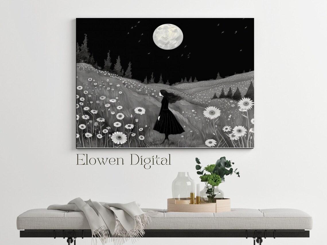 Girl in Black Dress in Moonlit Daisy Meadow Black and White Poster