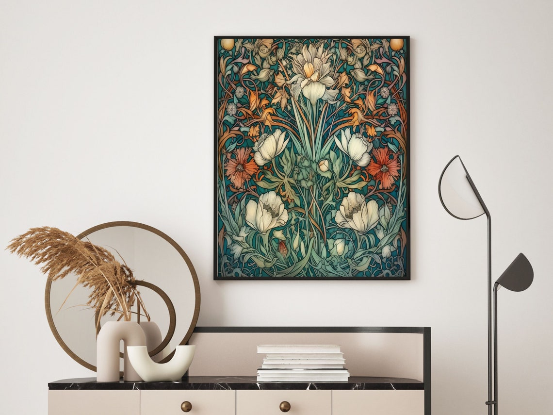 Indigo Botanical Art With White And Coral Flowers Pattern Poster - Image 5