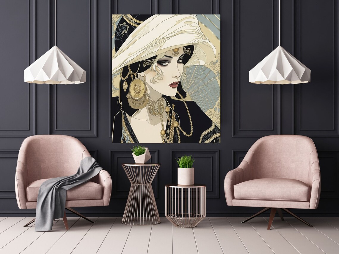 Turbaned Woman With Heavy Gold Jewelry Art Nouveau Style Profile Print - Image 2