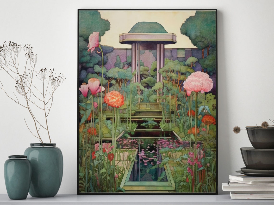 Frank Lloyd Wright Style Garden Pagoda Lotus Pond Design Wall Art
