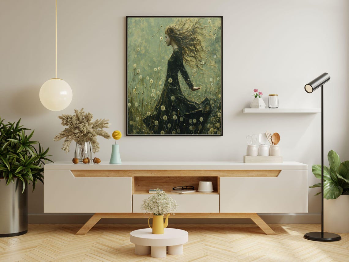 Dandelion Meadow Woman in the Wind Dark Floral Botanical Wall Poster - Image 2