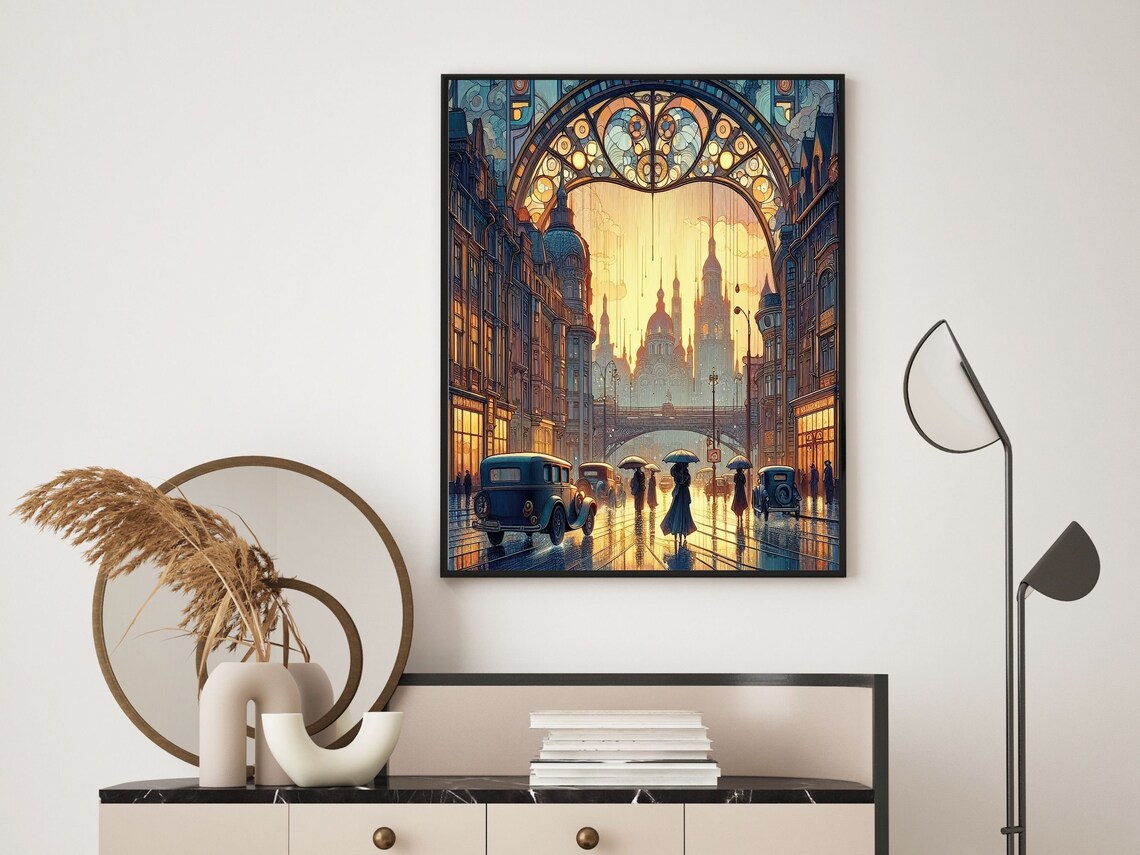 Art Nouveau Rainy 1920s City Street Through Golden Arch Window Poster - Image 3