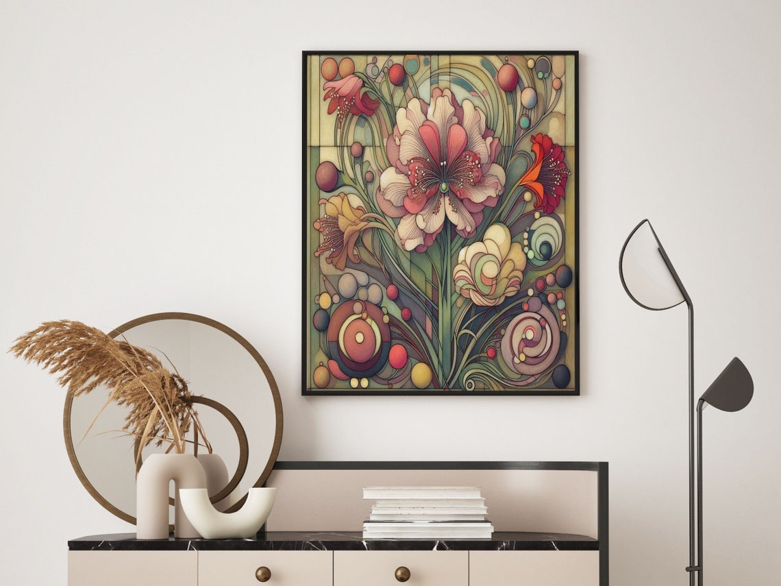 Romantic Art Deco Pink Peonies Geometric Vintage Botanical Poster - Image 4