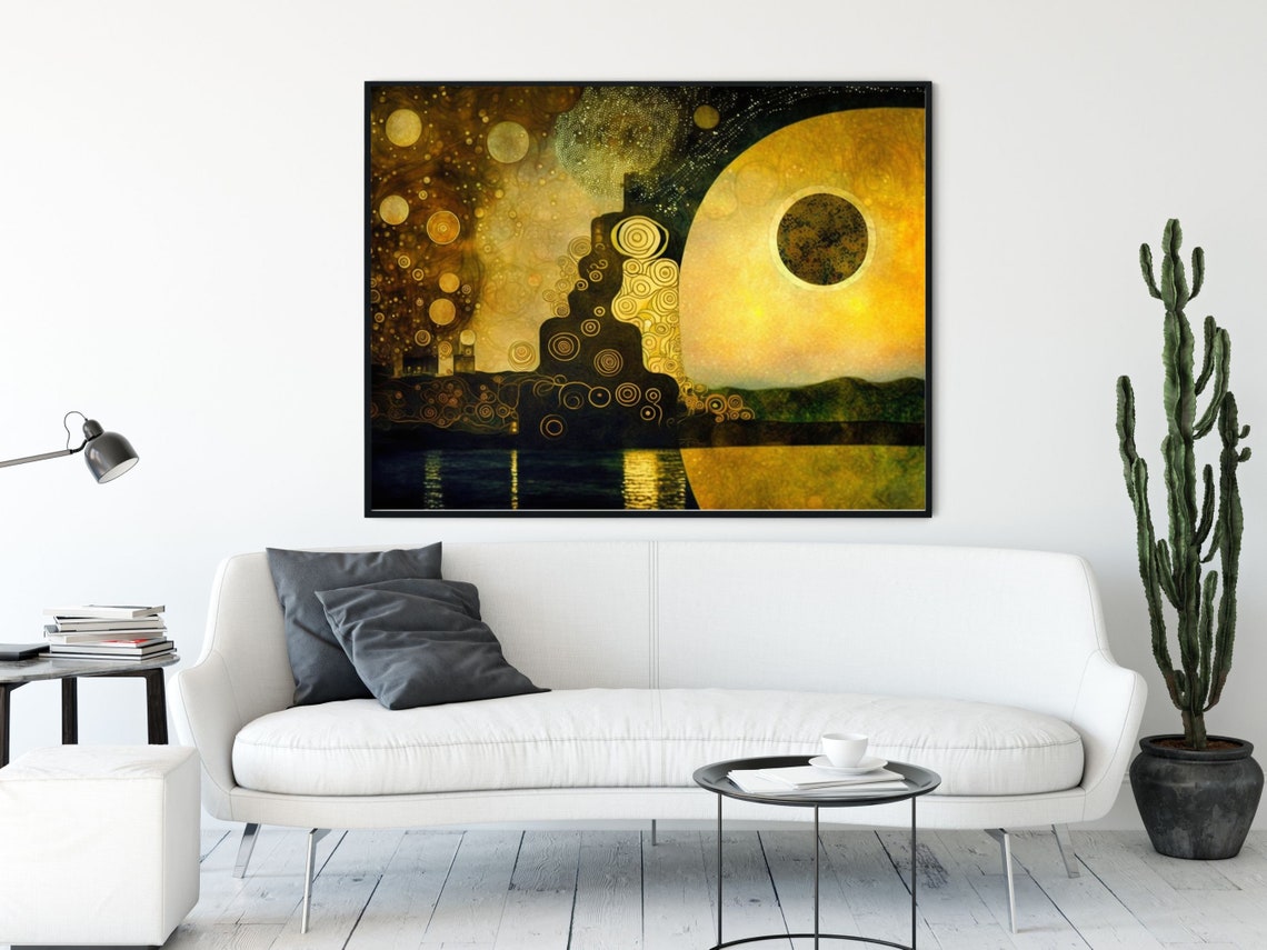 Klimt Style Golden Abstract Landscape With Moon Over Water Poster - Image 5