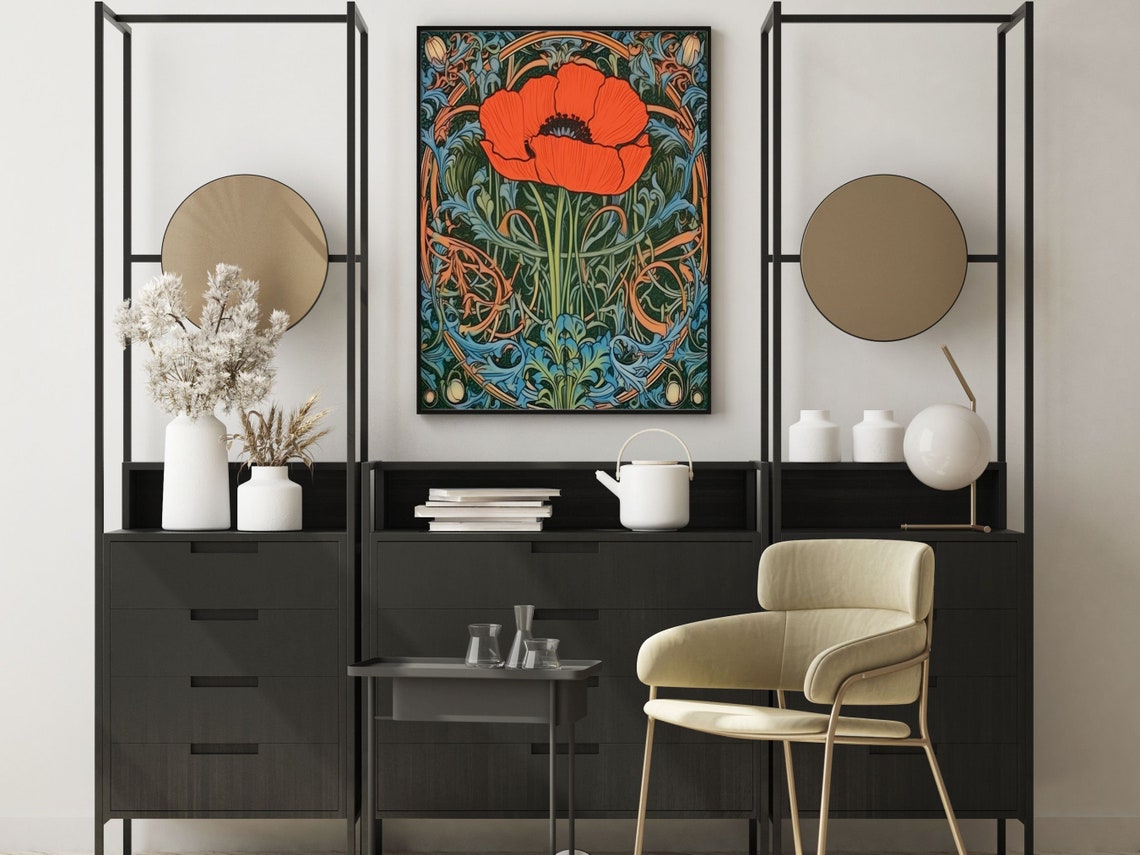 Scarlet Poppy Bloom In Ornate Blue Copper Art Nouveau Frame Wall Art - Image 3