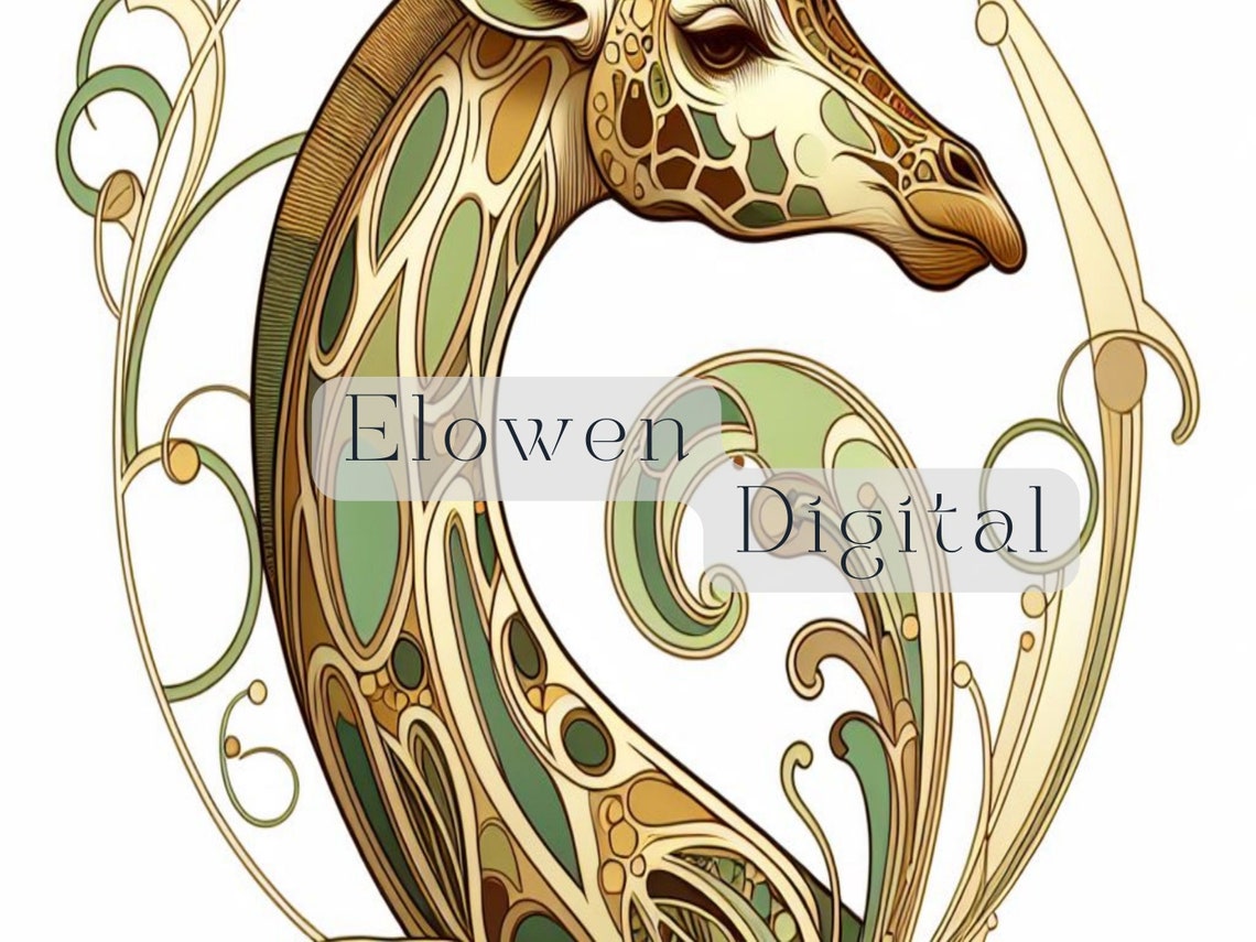 Art Nouveau Giraffe in Sage Green and Gold Scroll Wall Poster - Image 4