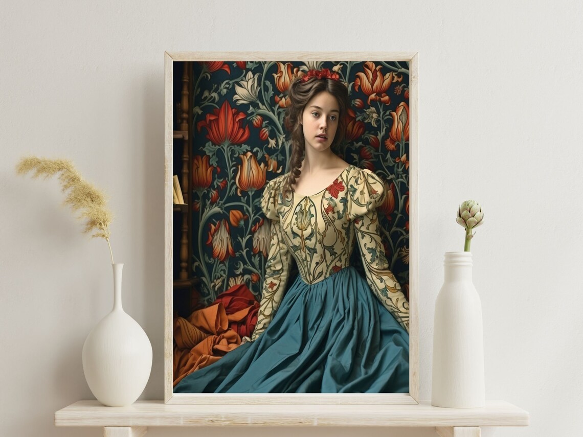 Pre-Raphaelite Woman in Botanical Gown by Morris Wallpaper Poster - Image 3