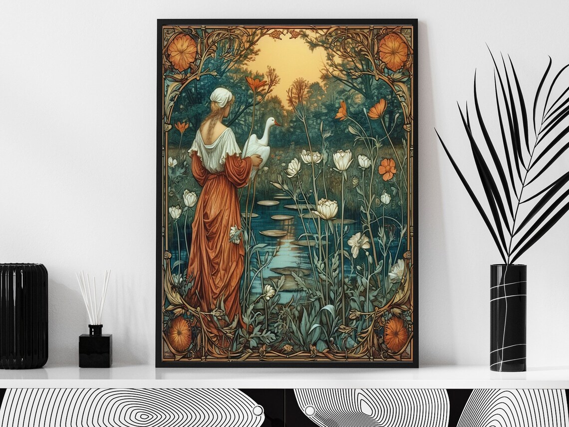 Storybook Art Nouveau Woman Goose Pond Sunset Garden Art Poster - Image 4