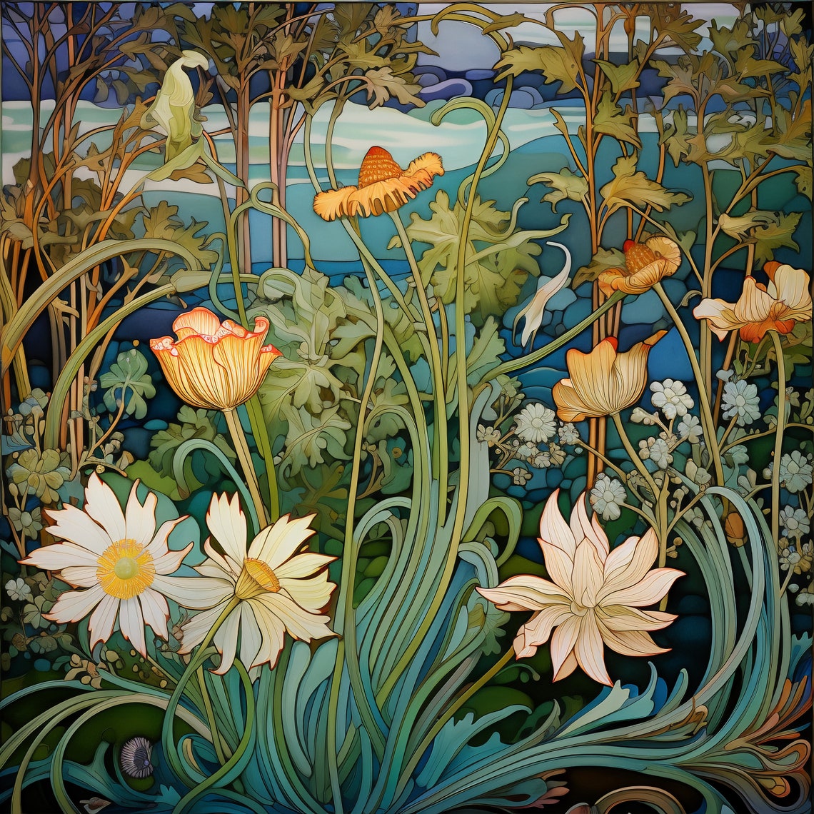 Art Nouveau Daisy and Tulip Stained-Glass Style Botanical Poster - Image 4