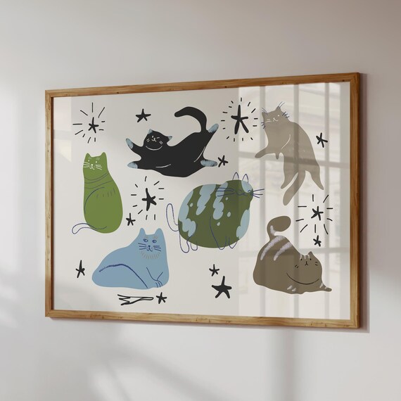 Whimsical Cat Print Playful Kitty Illustration Art Digital Download Horizontal