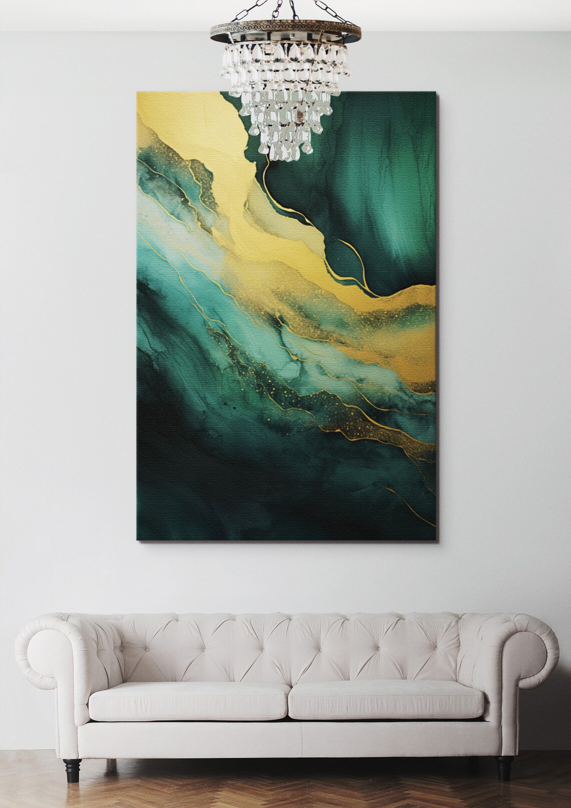 Abstract Gold Green Waves, Home Decor Wall Art