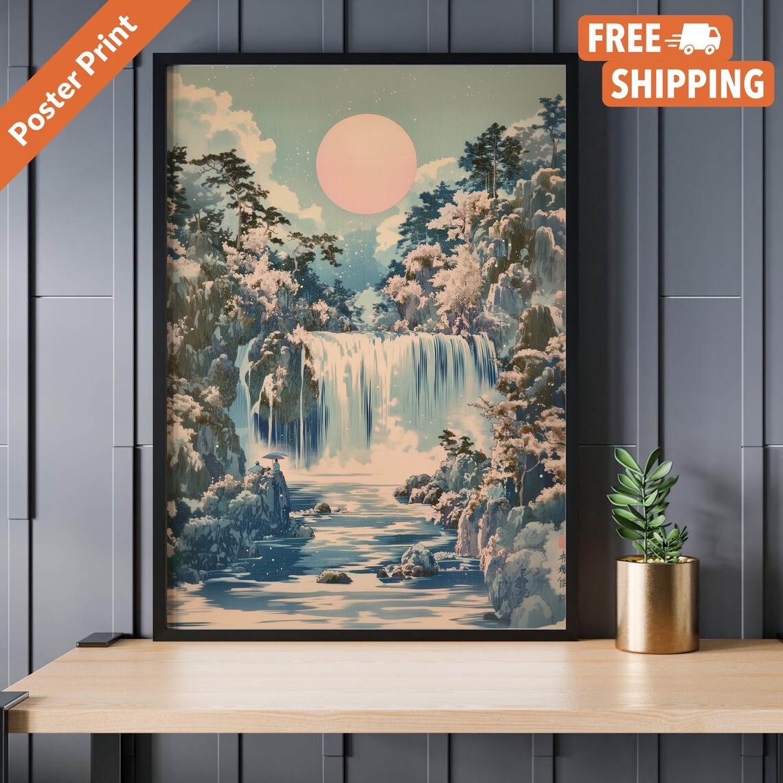 Hokusai Japanese Waterfall Landscape Poster Print
