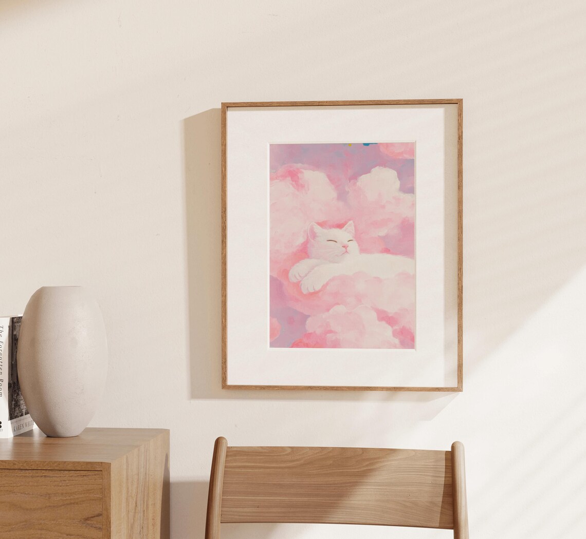 White Cat Memorial Art Print, Pink Clouds - Image 3