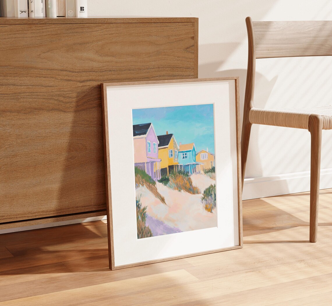 Colorful Beach Houses Blue Sky Coastal Village Watercolor Poster