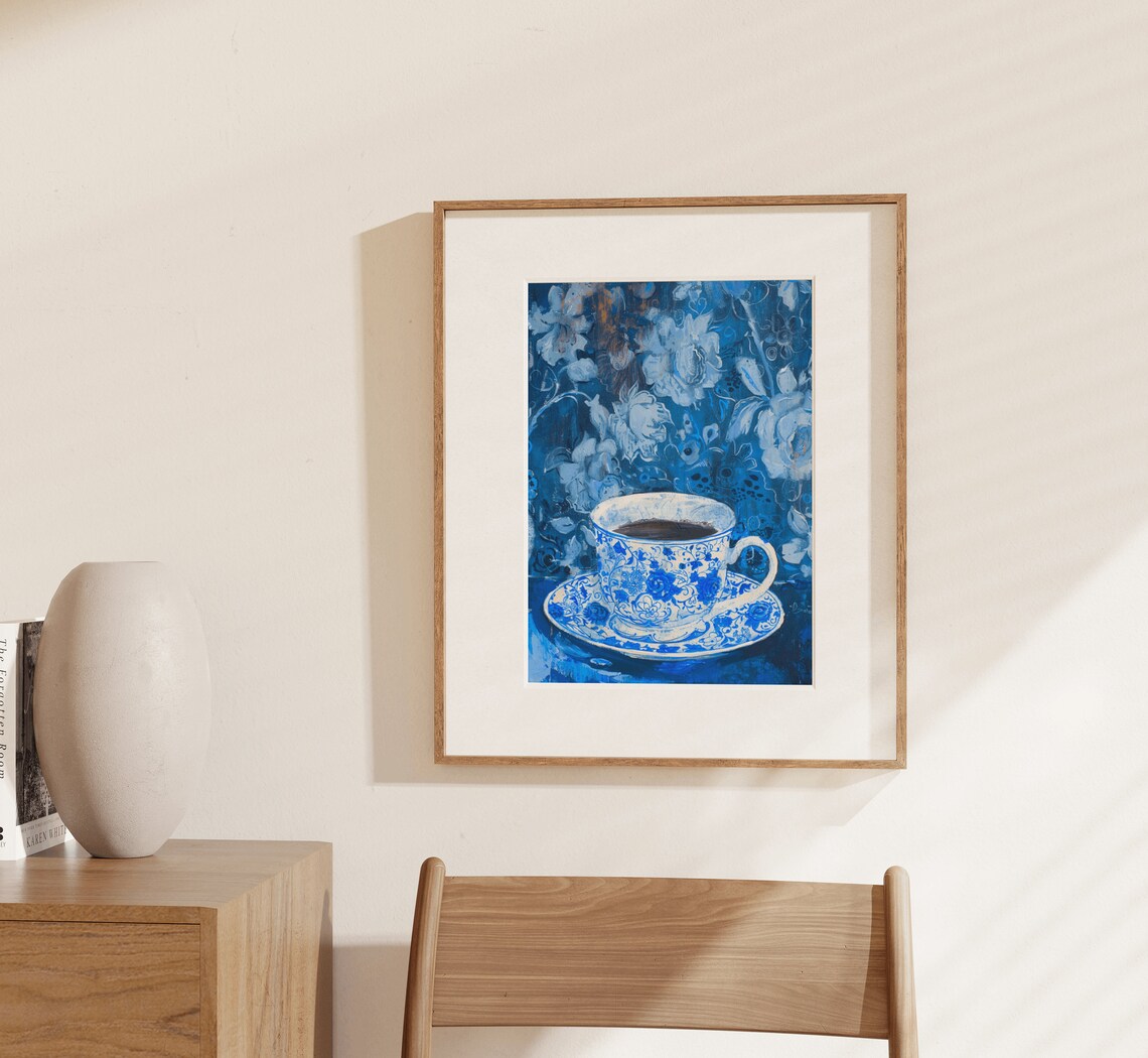 Blue Chinoiserie Teacup Floral Still Life Painting Art Print - Image 4