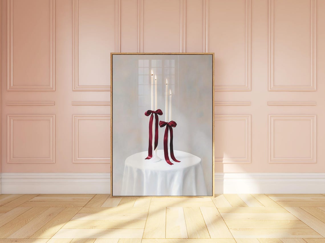 White Taper Candles with Burgundy Bows on Minimalist Table Poster - Image 3