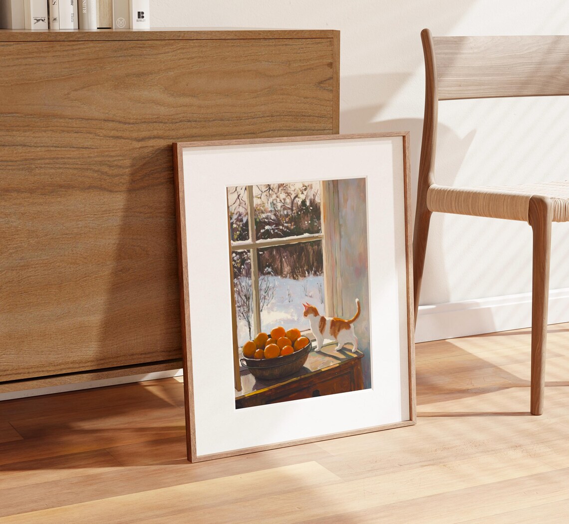 Orange and White Cat on Windowsill with Bowl of Oranges Poster - Image 2