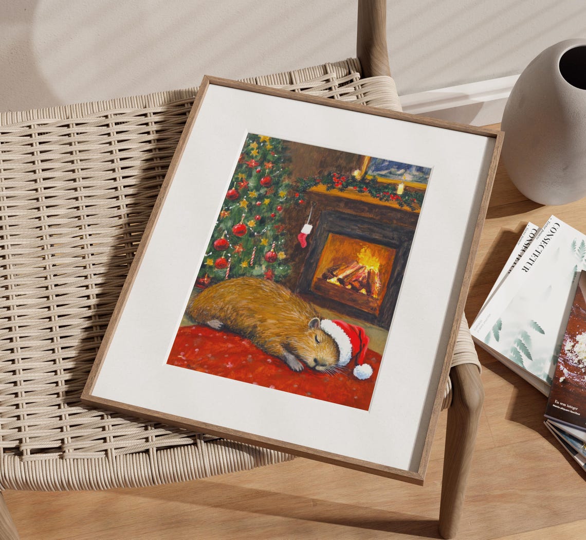 Sleeping Capybara Santa Hat Fireplace Christmas Painting Poster - Image 3
