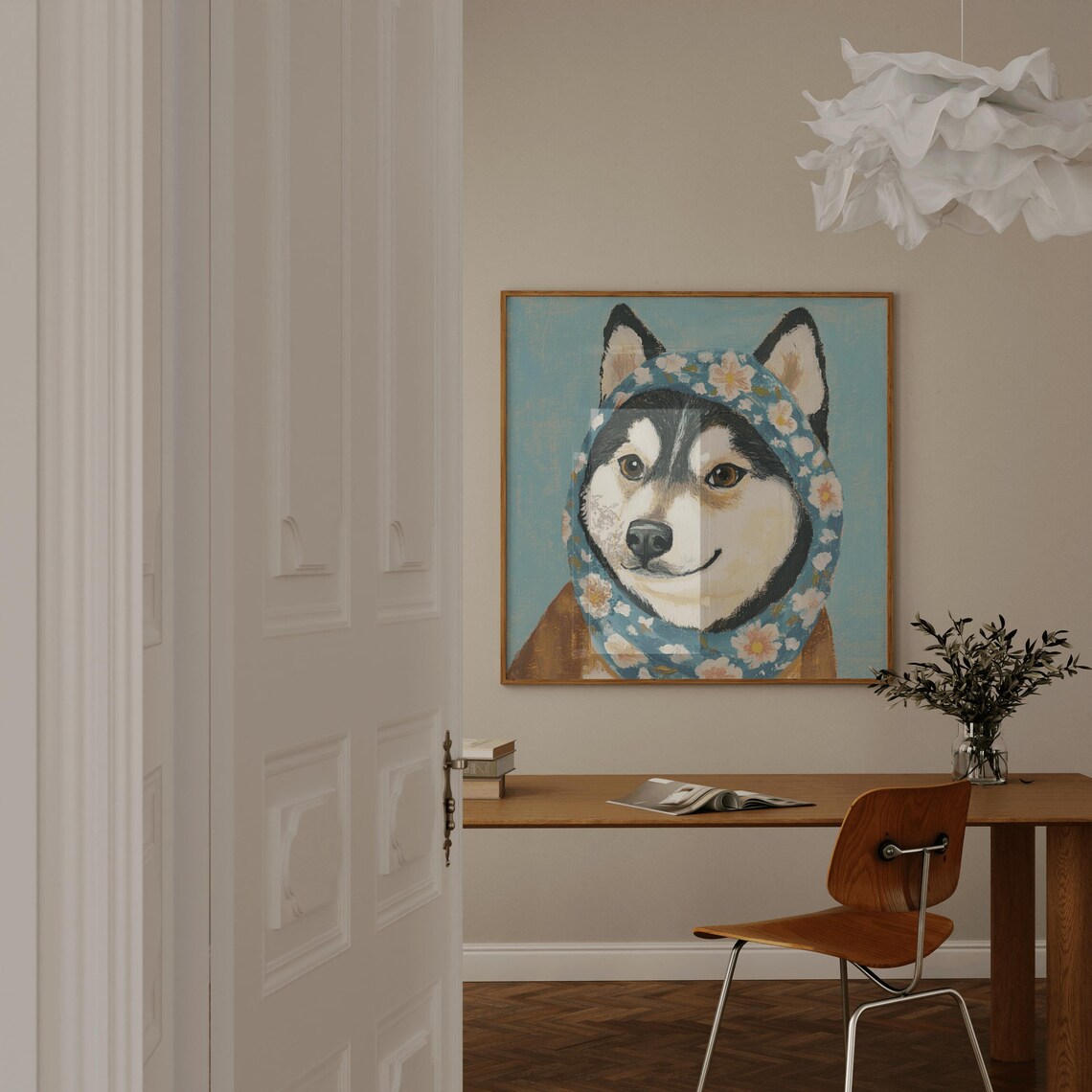 Siberian Husky In Floral Babushka Painting Cute Dog Art Poster