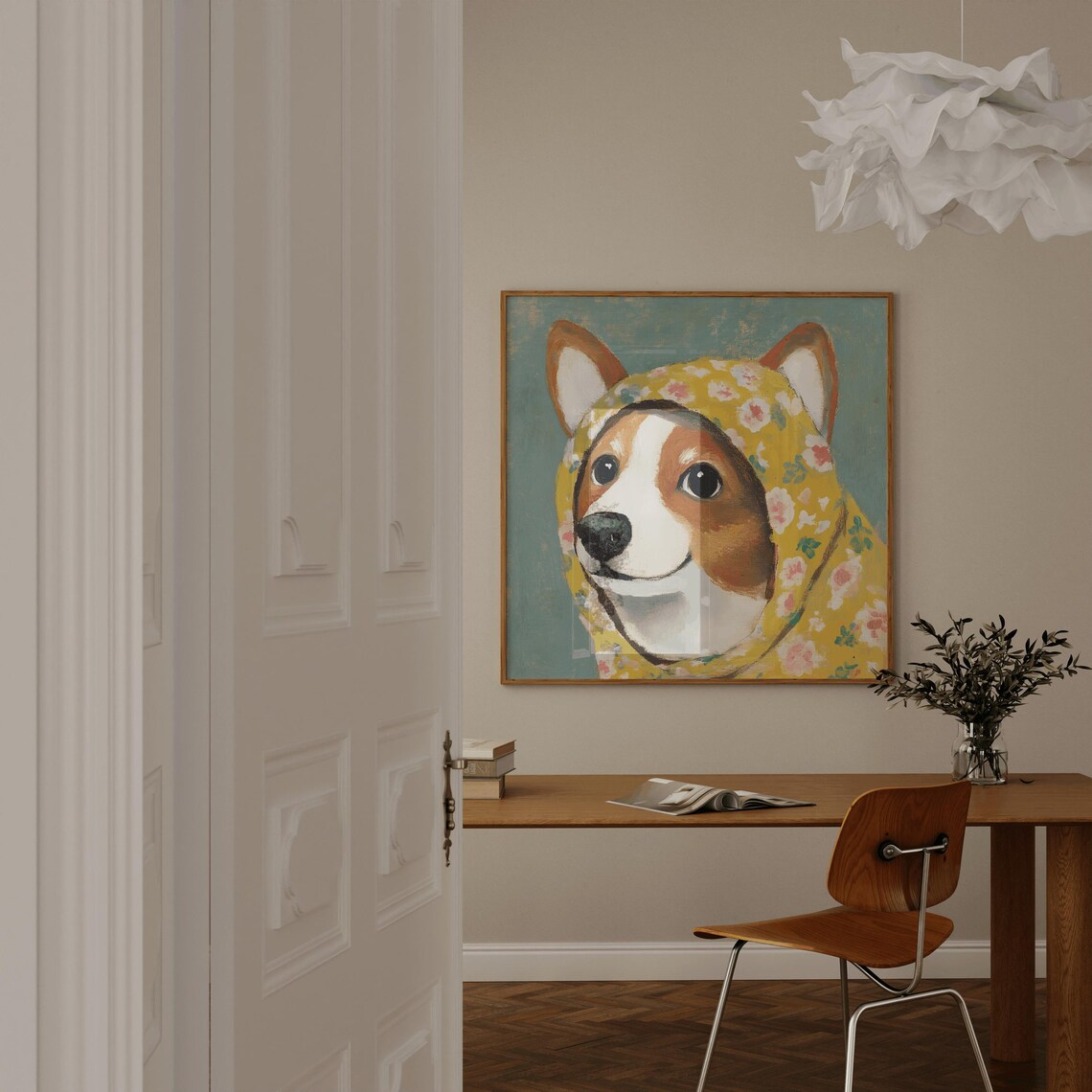 Smiling Corgi In Yellow Floral Babushka Teal Portrait Poster