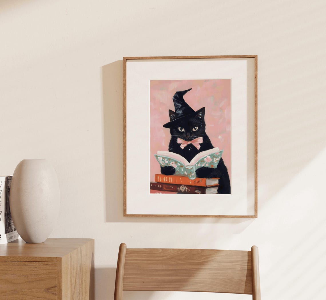 Black Cat Witch Reading Book Pink Halloween Cute Witchy Poster - Image 3