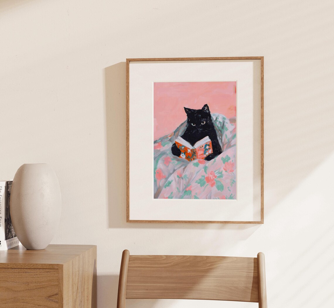 Black Cat Book Lover Art Print, Bookworm Cat Art - Image 3