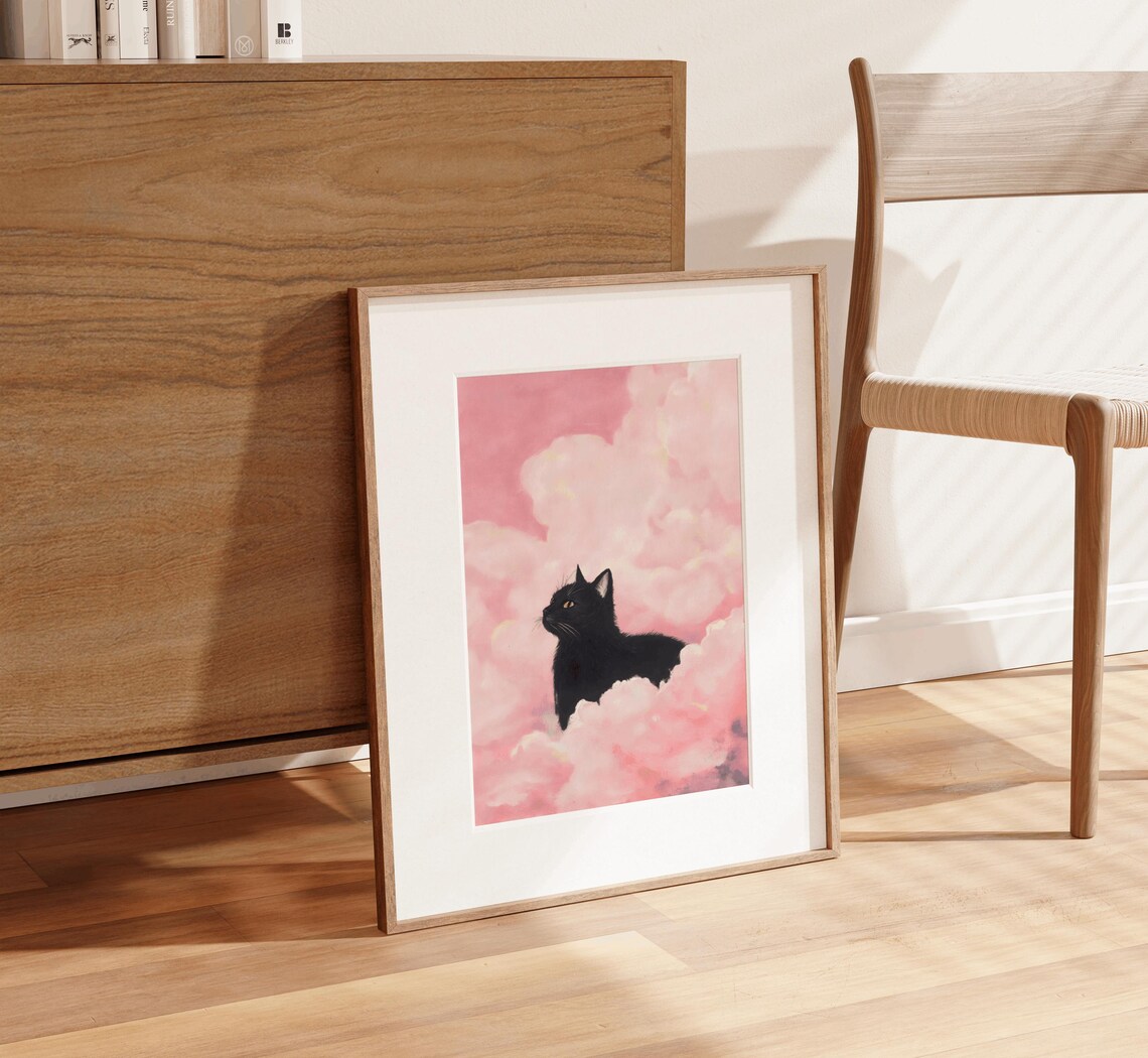 Black Cat Memorial Art Print, Pink Clouds