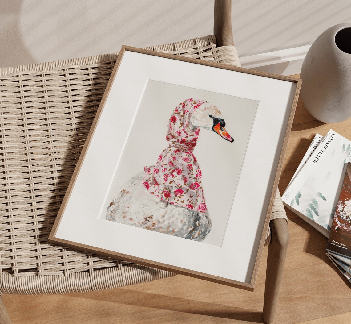 Swan In Floral Rose Headscarf Whimsical Bird Portrait Painting Poster