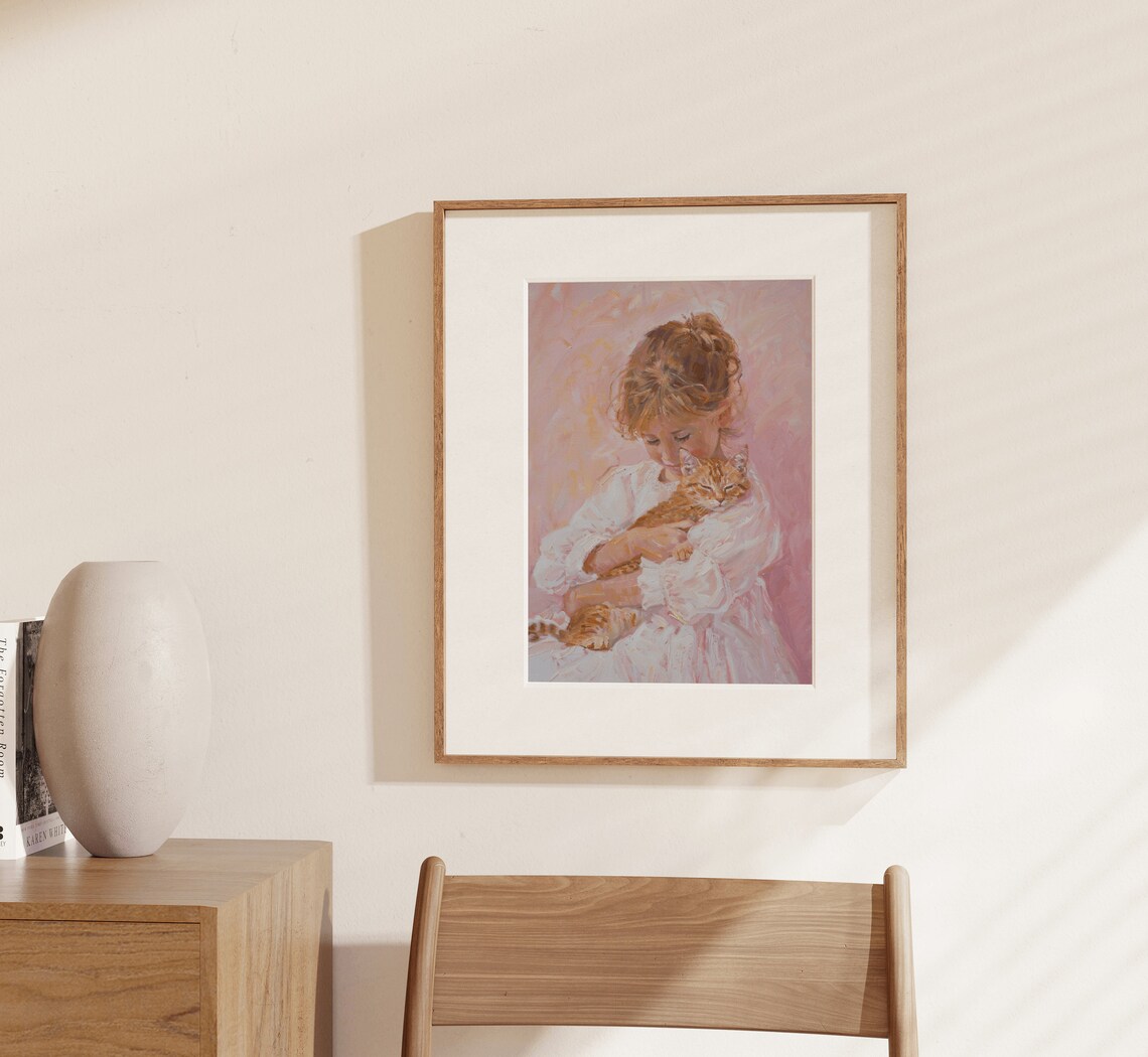 Little Girl Ginger Cat Nursery Wall Art Print Little Kids Room Decor Cute Pastel Vintage Farmhouse Antique Orange Cat - Image 4