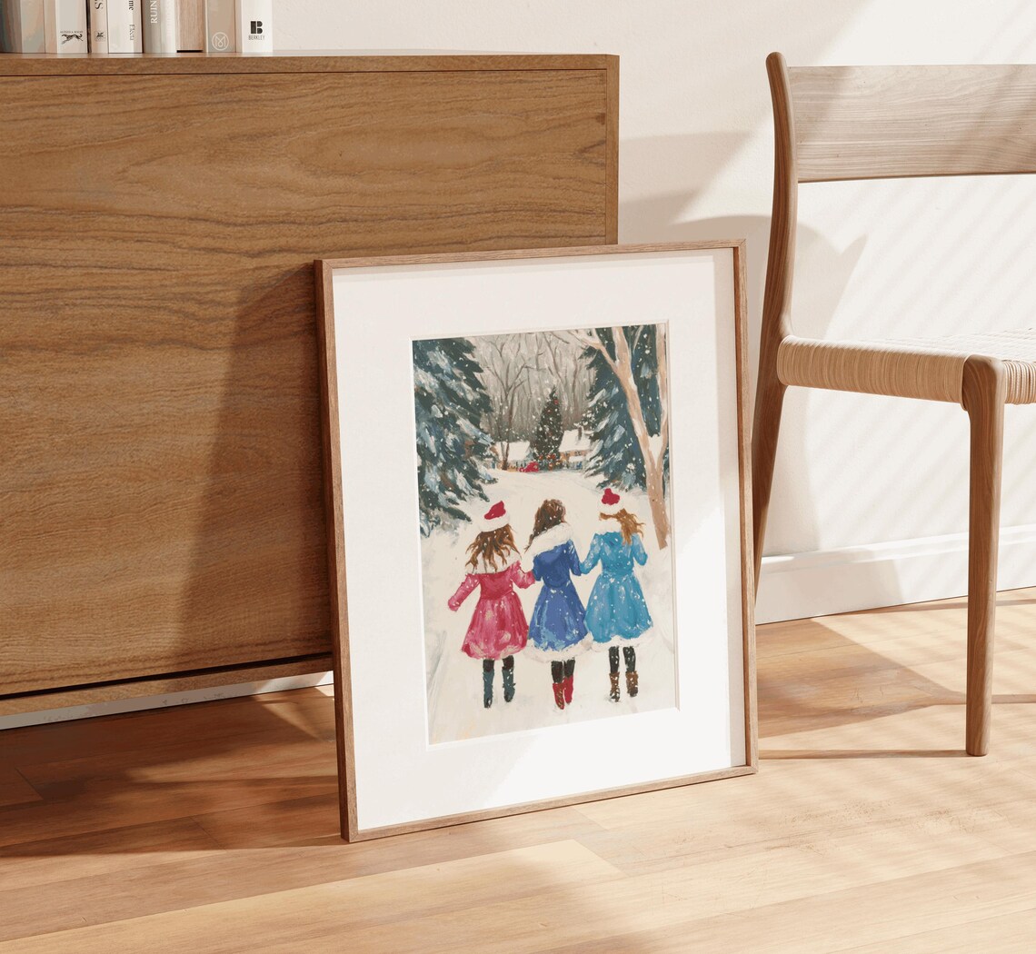 Three Girls in Christmas Village Art Print - Image 2
