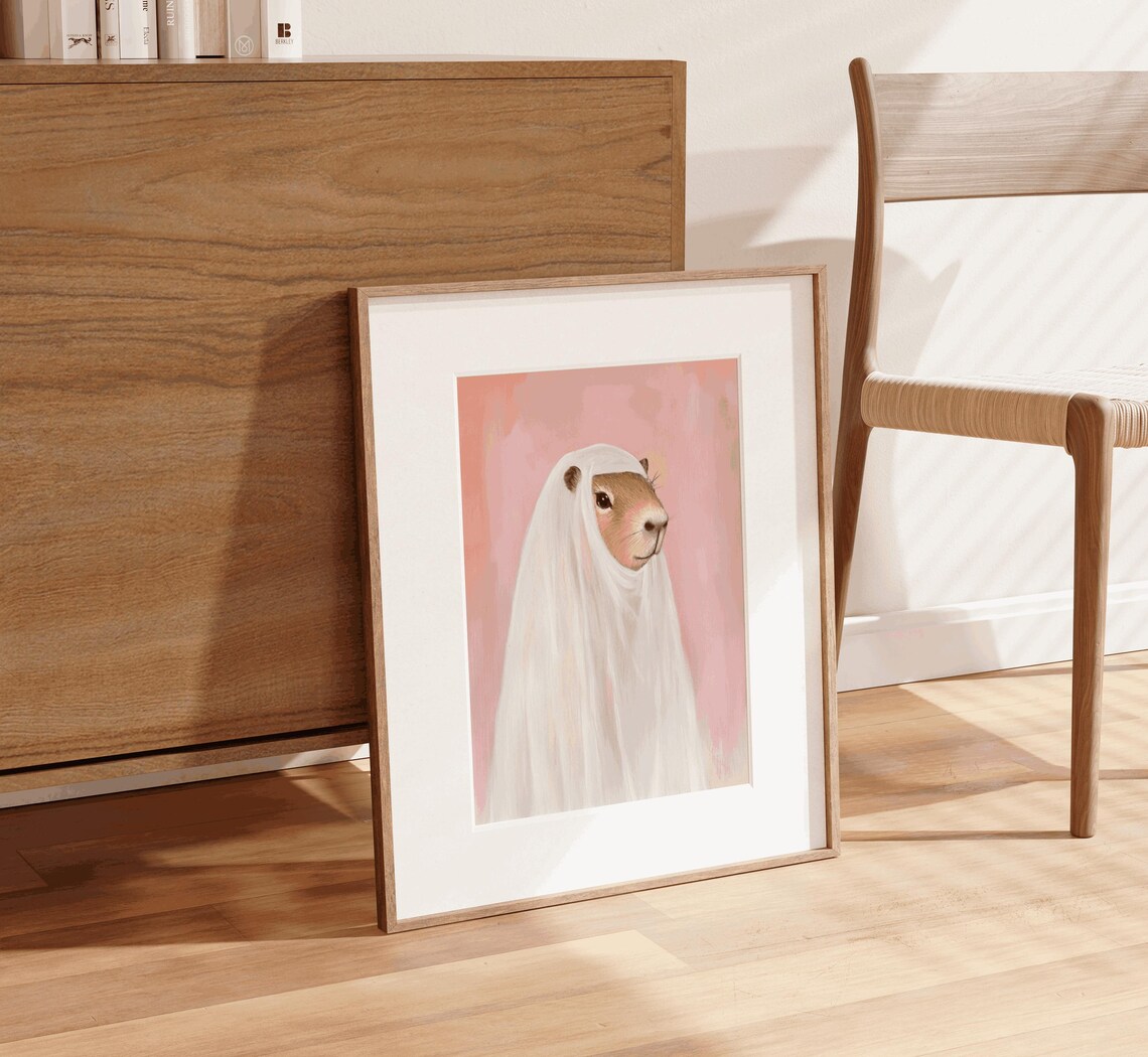 Capybara Ghost Costume Sheet Cute Halloween Pink Watercolor Poster