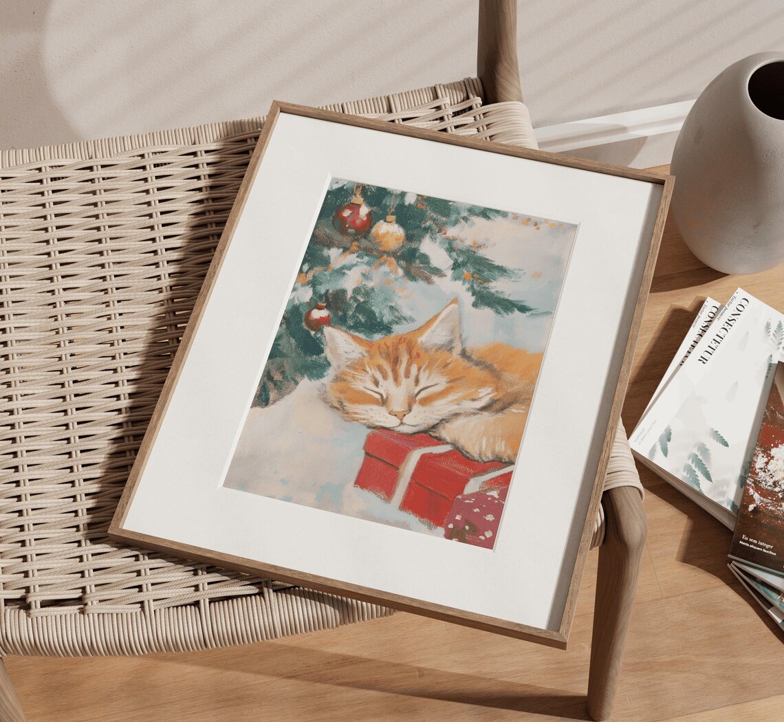 Ginger Tabby Cat Christmas Cat Painting Art Print - Image 3