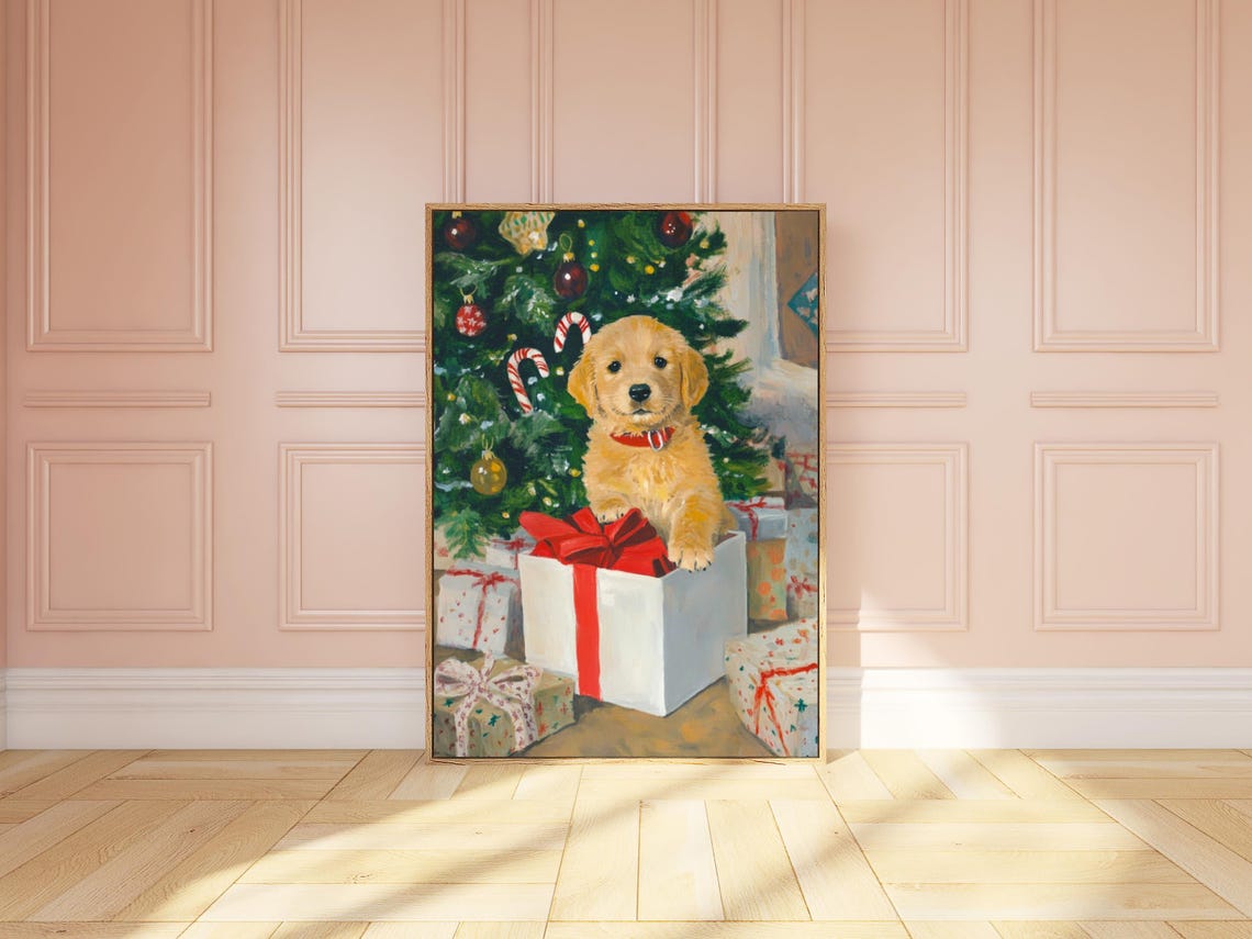 Golden Retriever Puppy Sitting in Gift Box by Christmas Tree Poster - Image 3