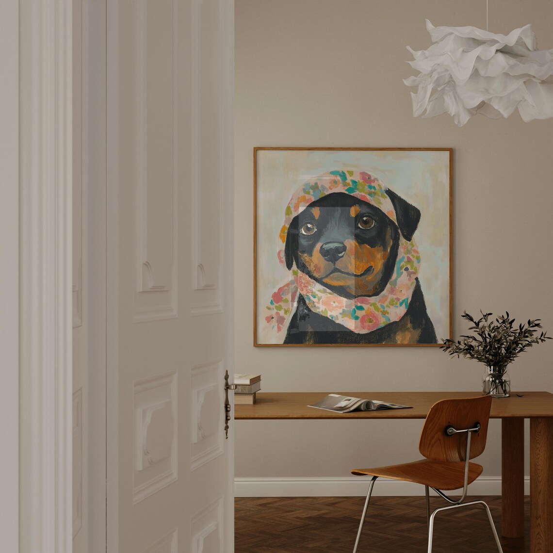Adorable Rottweiler Puppy In Floral Babushka Portrait Poster - Image 3