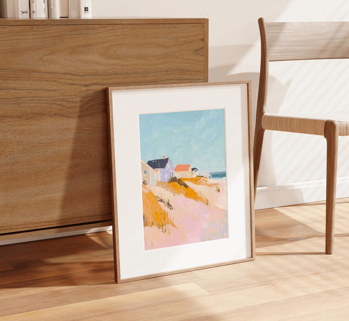 Pastel Beach Houses Pink Sand Dunes Coastal Watercolor Wall Art