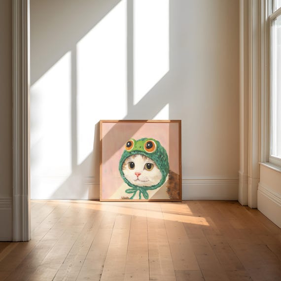 Calico Cat Frog Beanie, Cottagecore Farmhouse Art Print