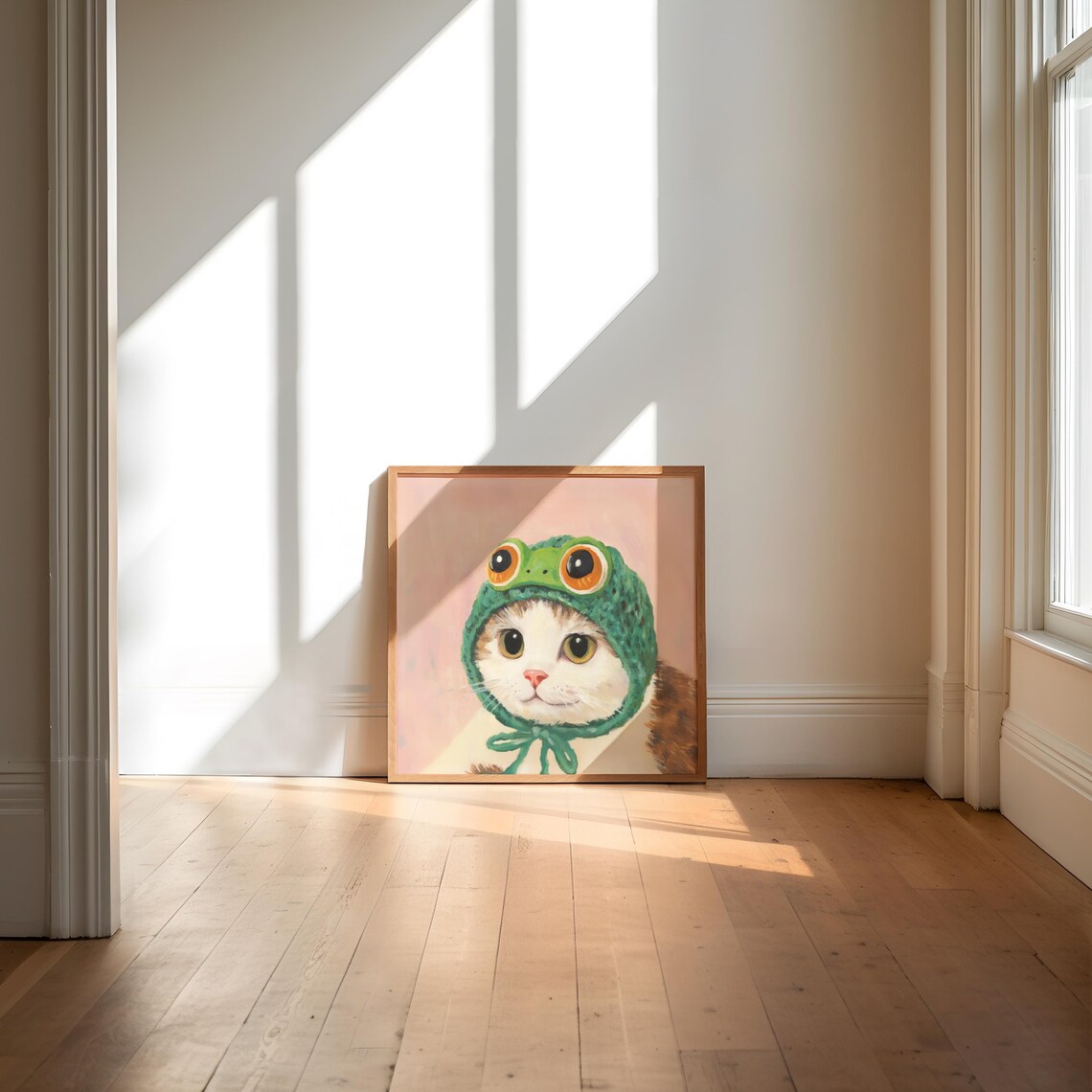 Calico Cat Frog Beanie, Cottagecore Farmhouse Art Print