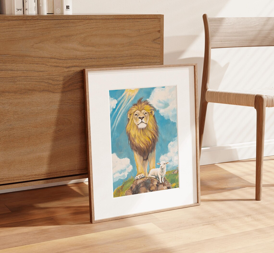 Lion And Lamb Peaceable Kingdom Christian Faith Watercolor Poster - Image 3