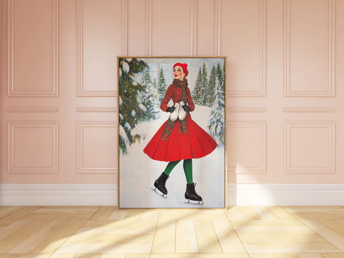 Elegant Woman Red Dress Ice Skating Snowy Pines Winter Poster