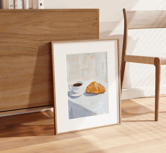 Croissant And Coffee Minimalist Art Neutral Kitchen Breakfast Poster Dopamine Wall Art Breakfast Wall Art Soft Girl Aesthetic