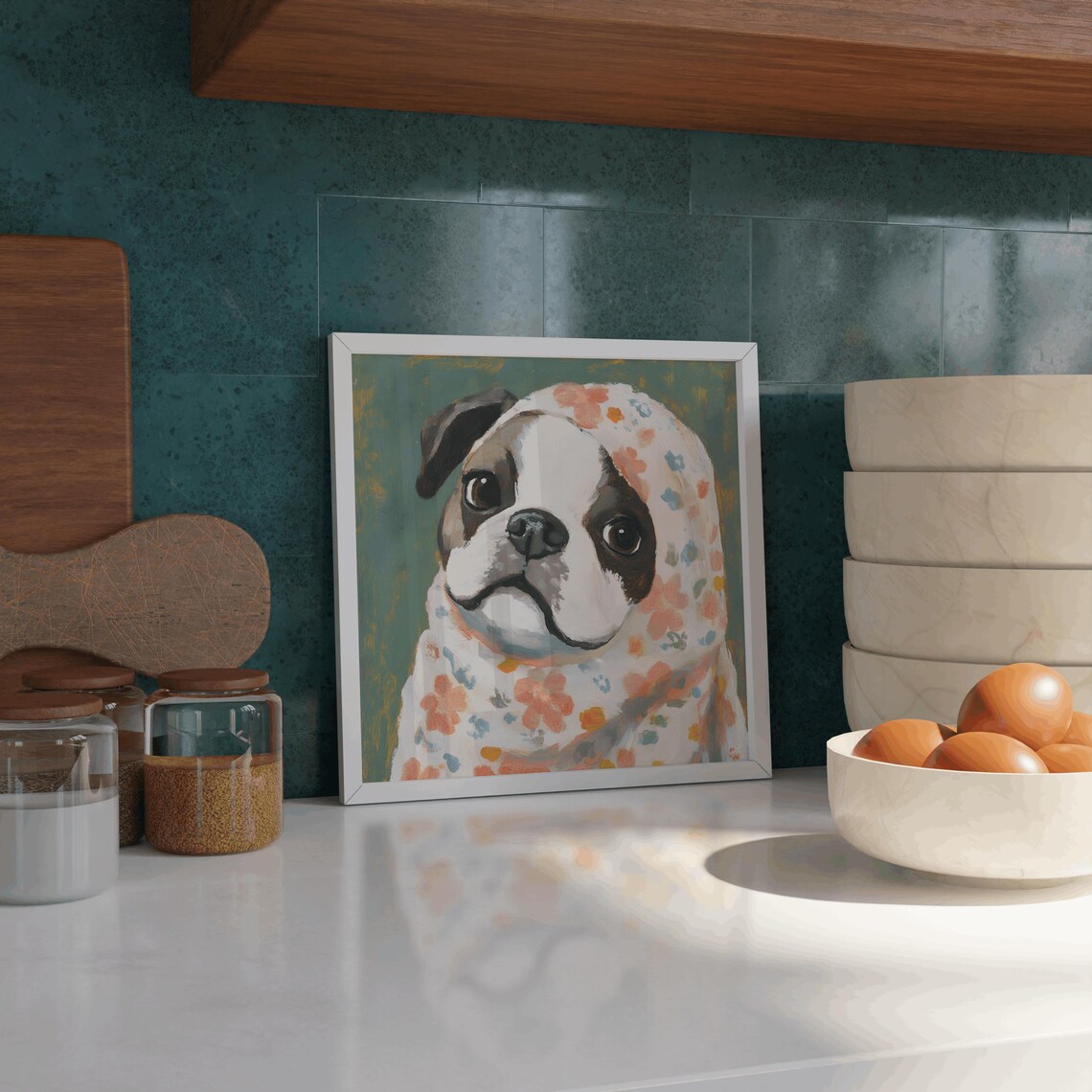 Bulldog Puppy in Floral Babushka Headscarf Oil Portrait Art Print - Image 3