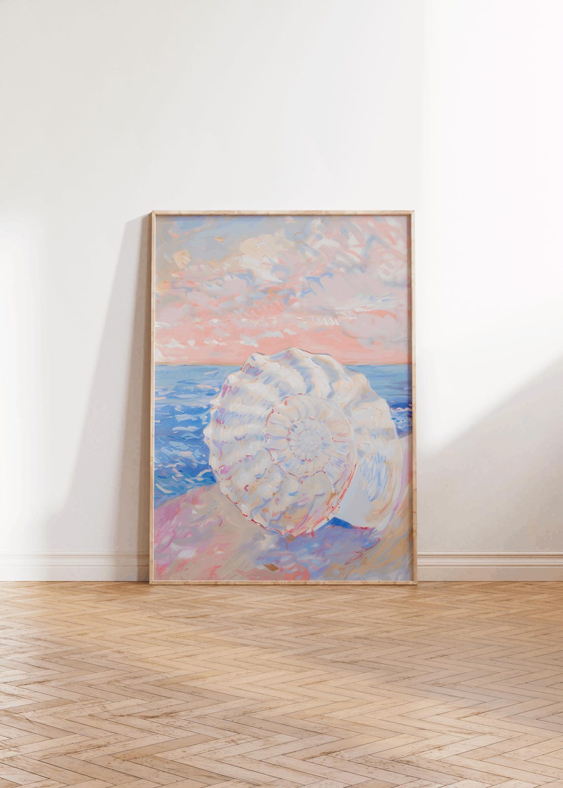 White Seashell Resting On Shore Under Pink Sunset Sky Poster - Image 2