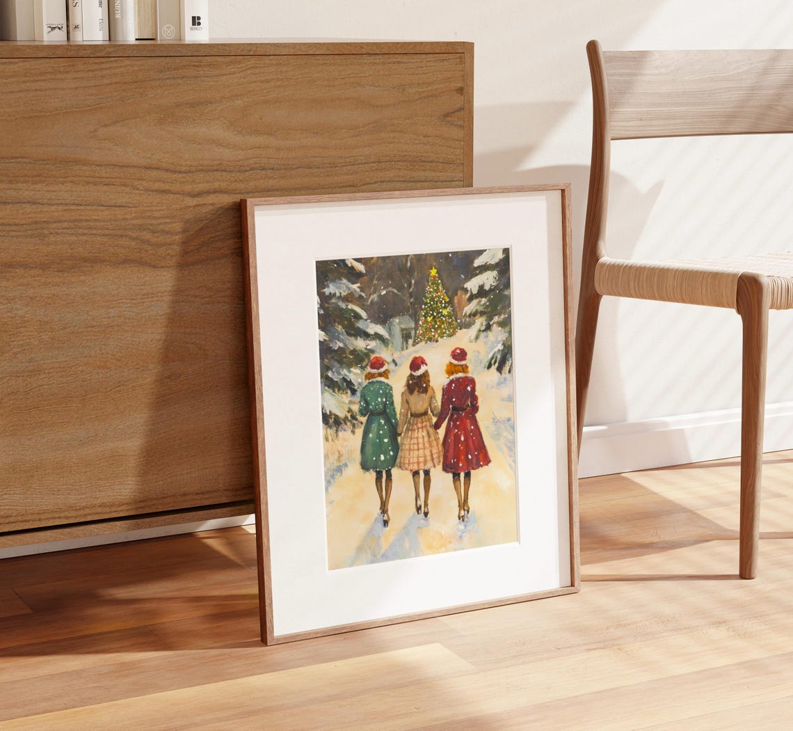 Three Friends Walking Snow Christmas Tree Vintage Painting Poster - Image 2
