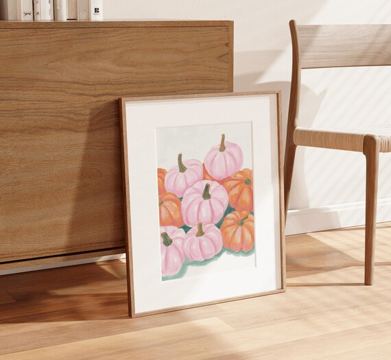 Pink Orange Pumpkin Patch Watercolor Fall Harvest Autumn Poster