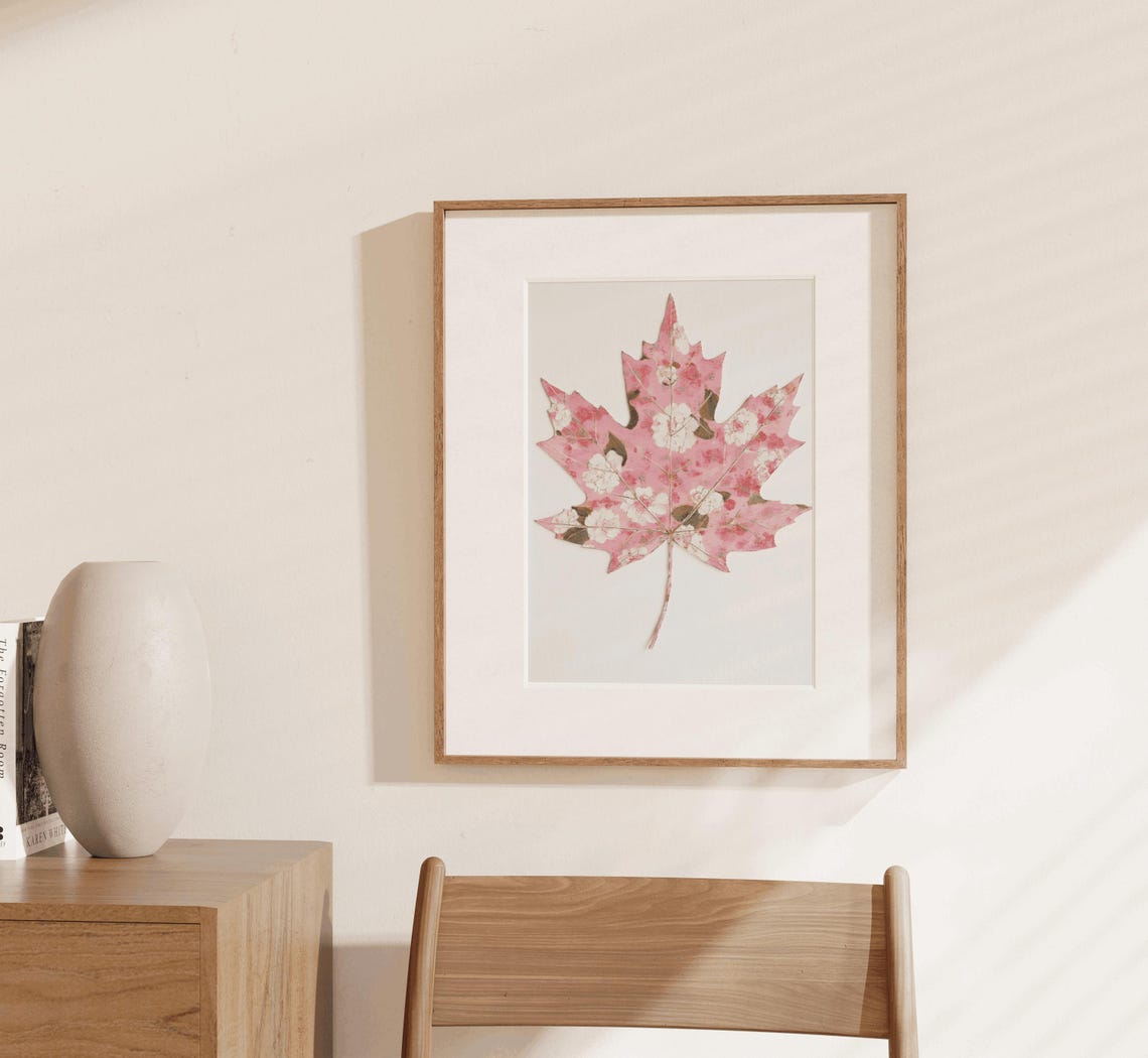 Pink Chinoiserie Maple Leaf Floral Botanical Watercolor Poster - Image 3