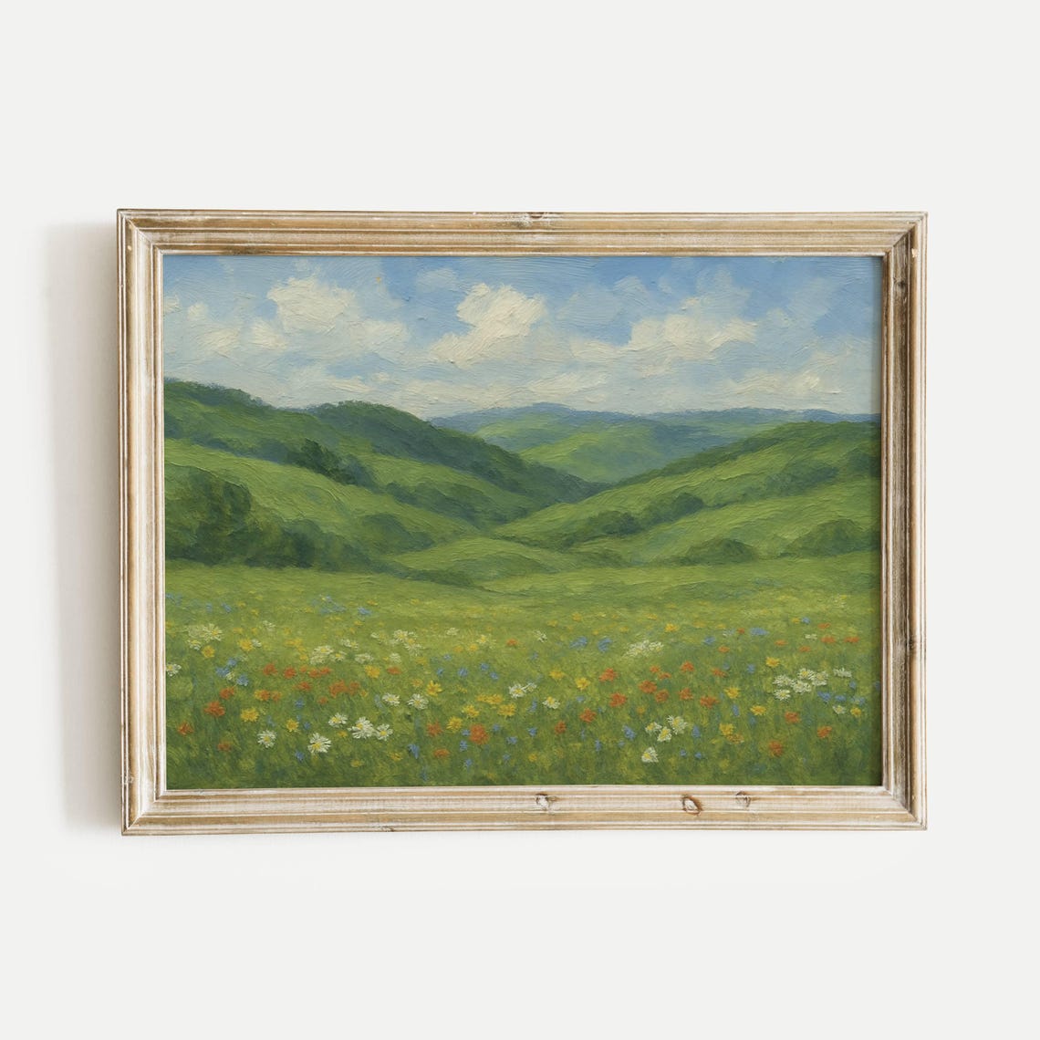 Green Hills With Wildflowers Oil Painting Print Vintage Nature Wall Art Home Office Living Room Bedroom Decor