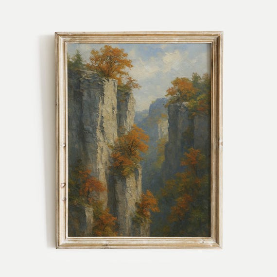 Cliffs Autumn Trees Oil Painting Print Nature Vintage Wall Art Home And Office Living Room Bedroom Decor