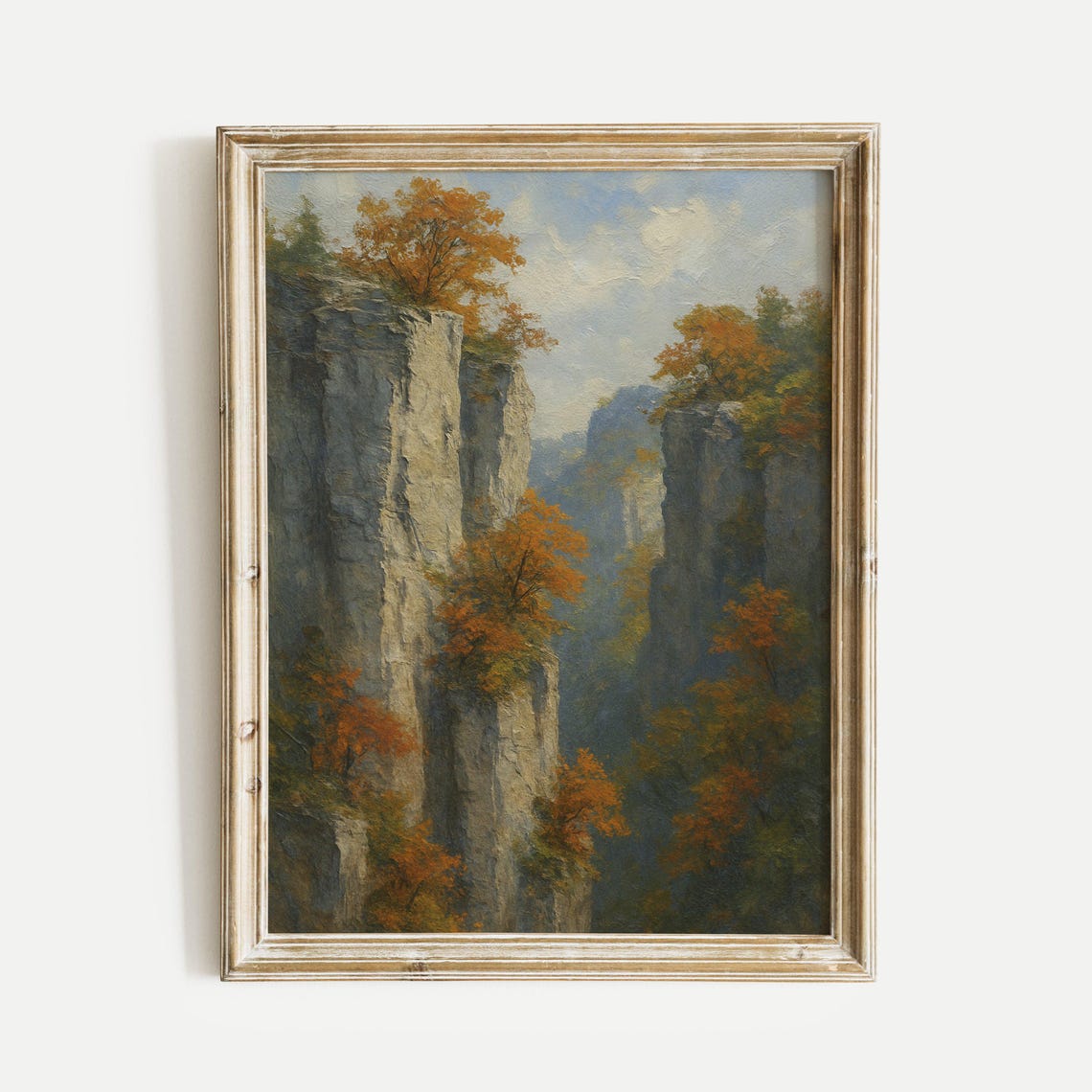 Towering Autumn Cliffs with Golden Trees in a Misty Canyon Poster